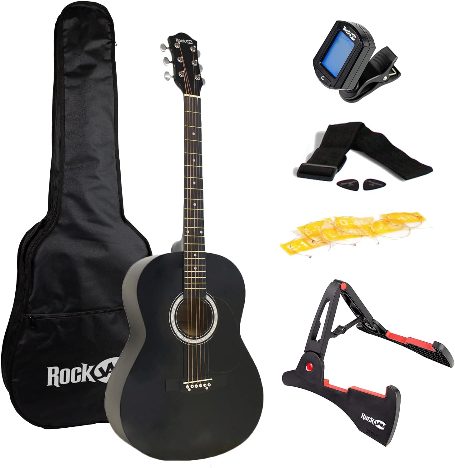 RockJam full size steel string acoustic guitar in black with a folding stand, clip-on tuner, gig bag and picks